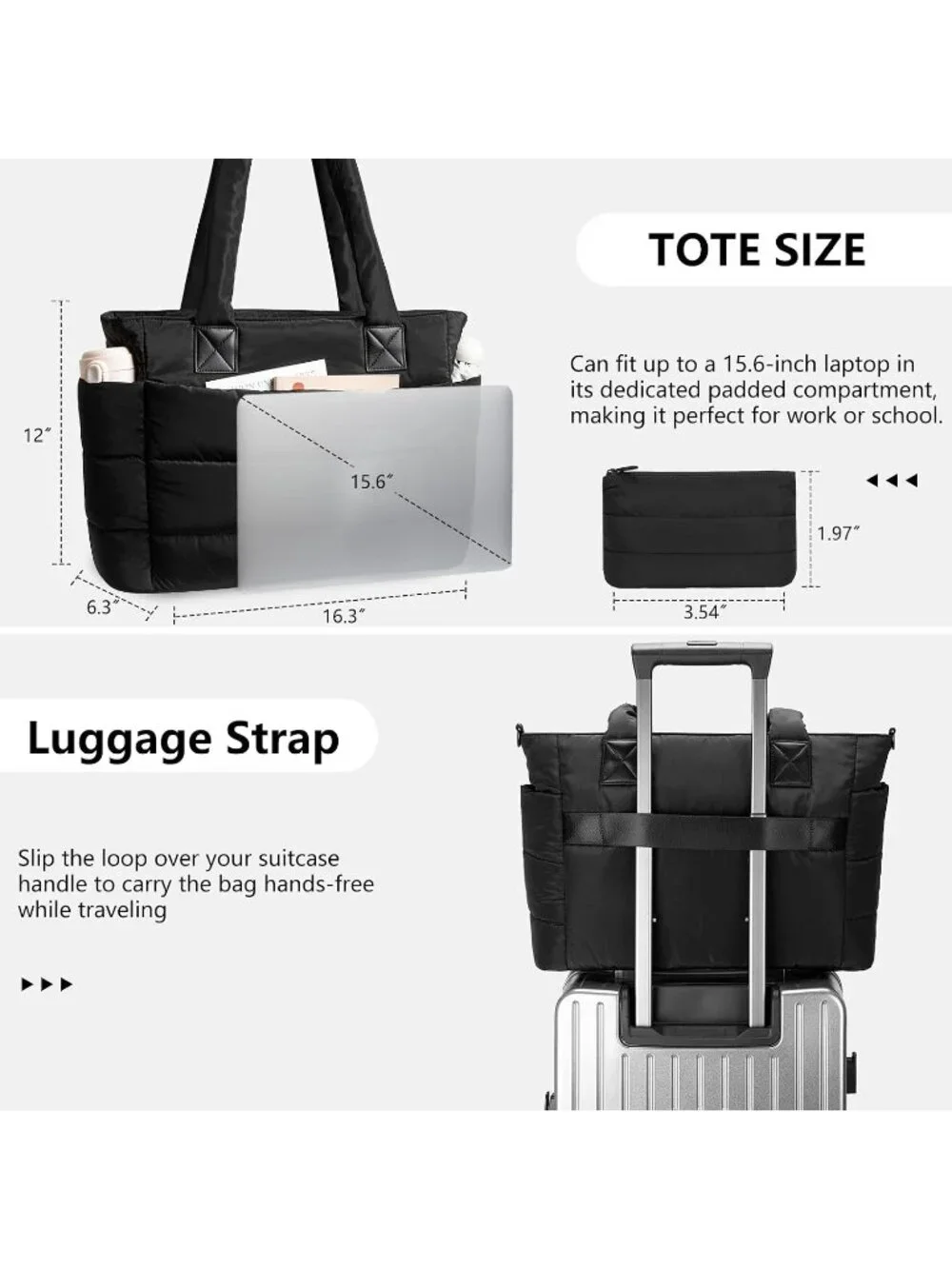 👜Women's Black Set Quilted Puffer Tote Bag Lightweight Work For Travel Handbags